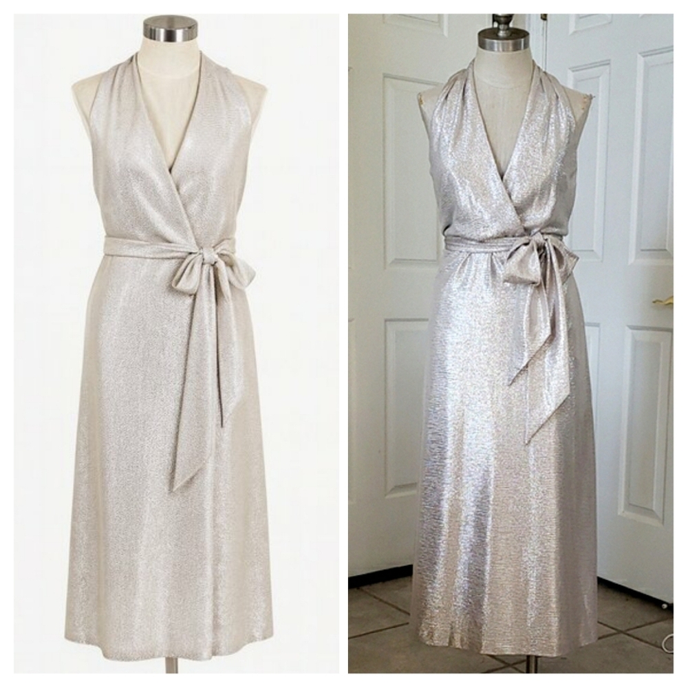 Lauren Ralph Lauren Silver Metallic Wrap Dress | Sleeveless Evening Gown SIZE 2 - Picture 3 of 16